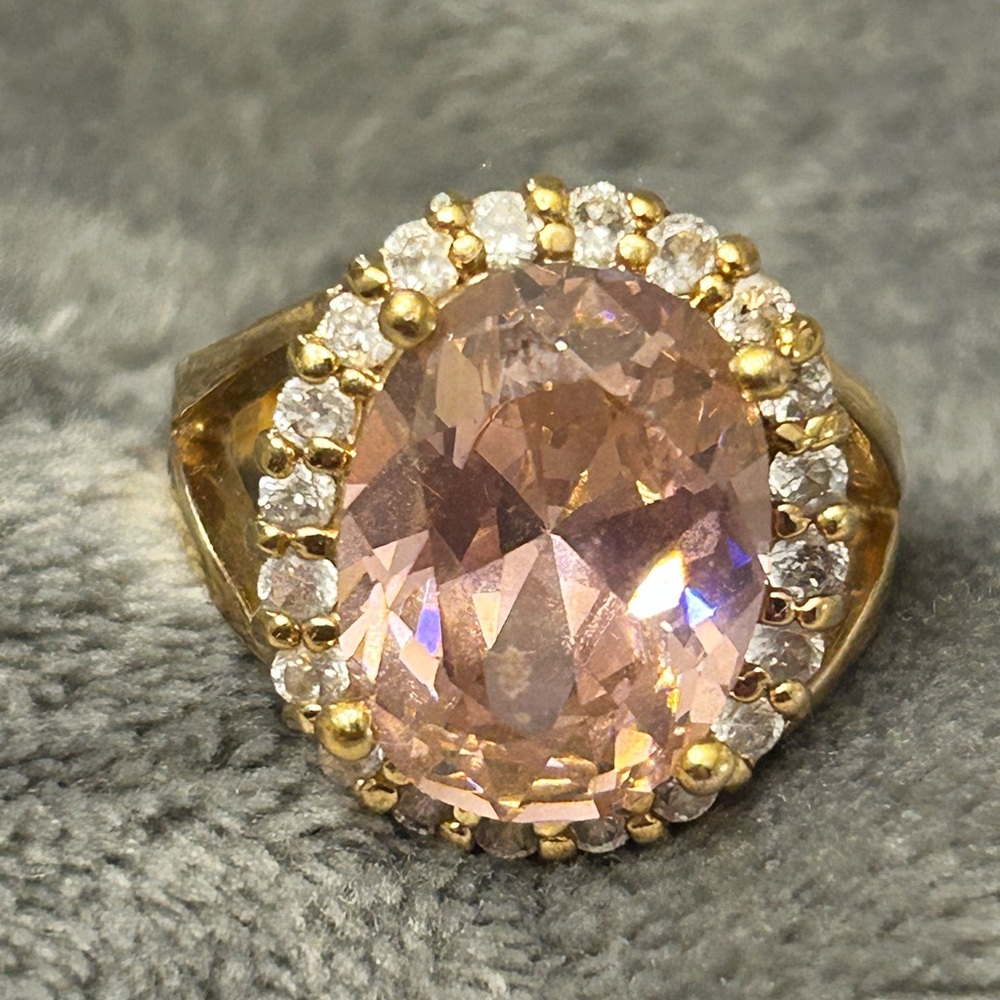 Jackie Kennedy Replica Gold Ring with Pink Oval Center Stone and Halo of Stones